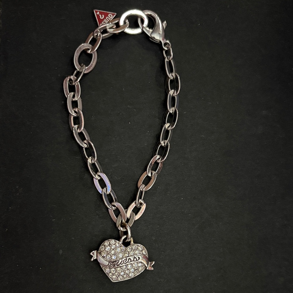 Host Pick Guess Sterling Silver Heart Charm Bracelet with Crystal rhinestones